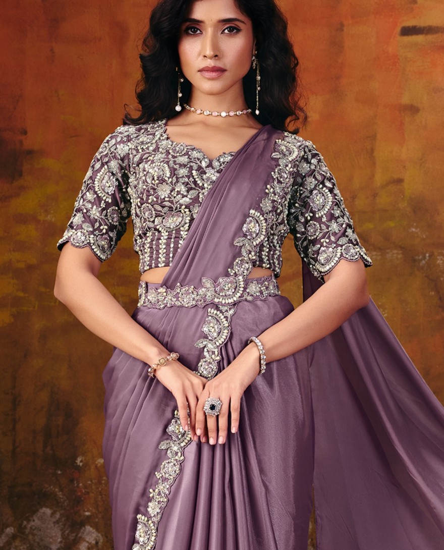 27109 - Lavender Embroidered Wedding Party Designer Saree